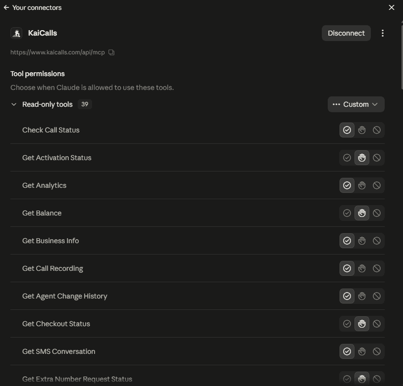 KaiCalls tool permissions list in Claude showing granular access for read-only tools and actions