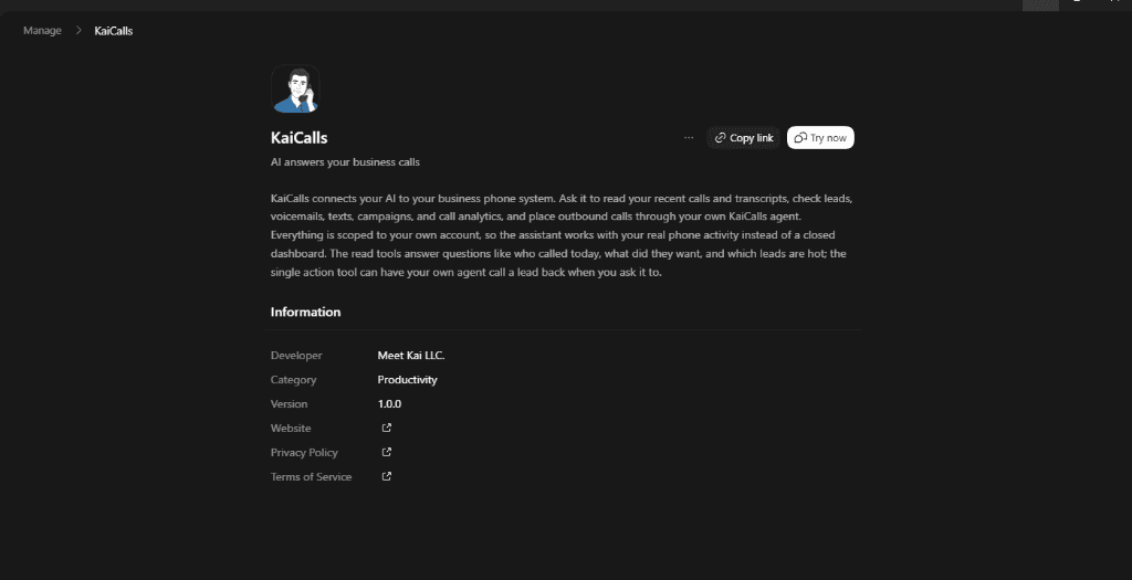 KaiCalls in the official ChatGPT App Directory with Try Now button