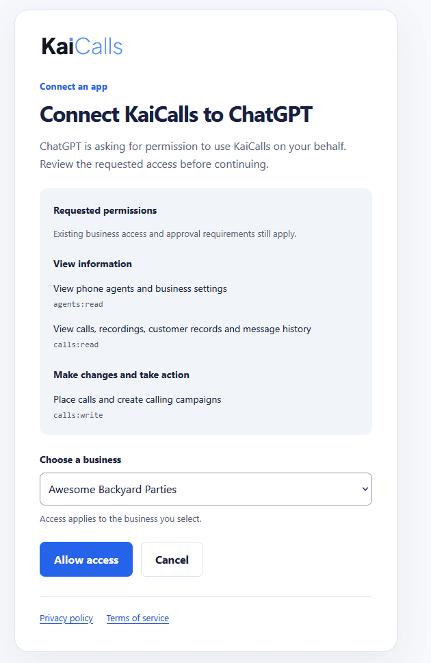 KaiCalls authorization screen showing business selection dropdown and requested permissions