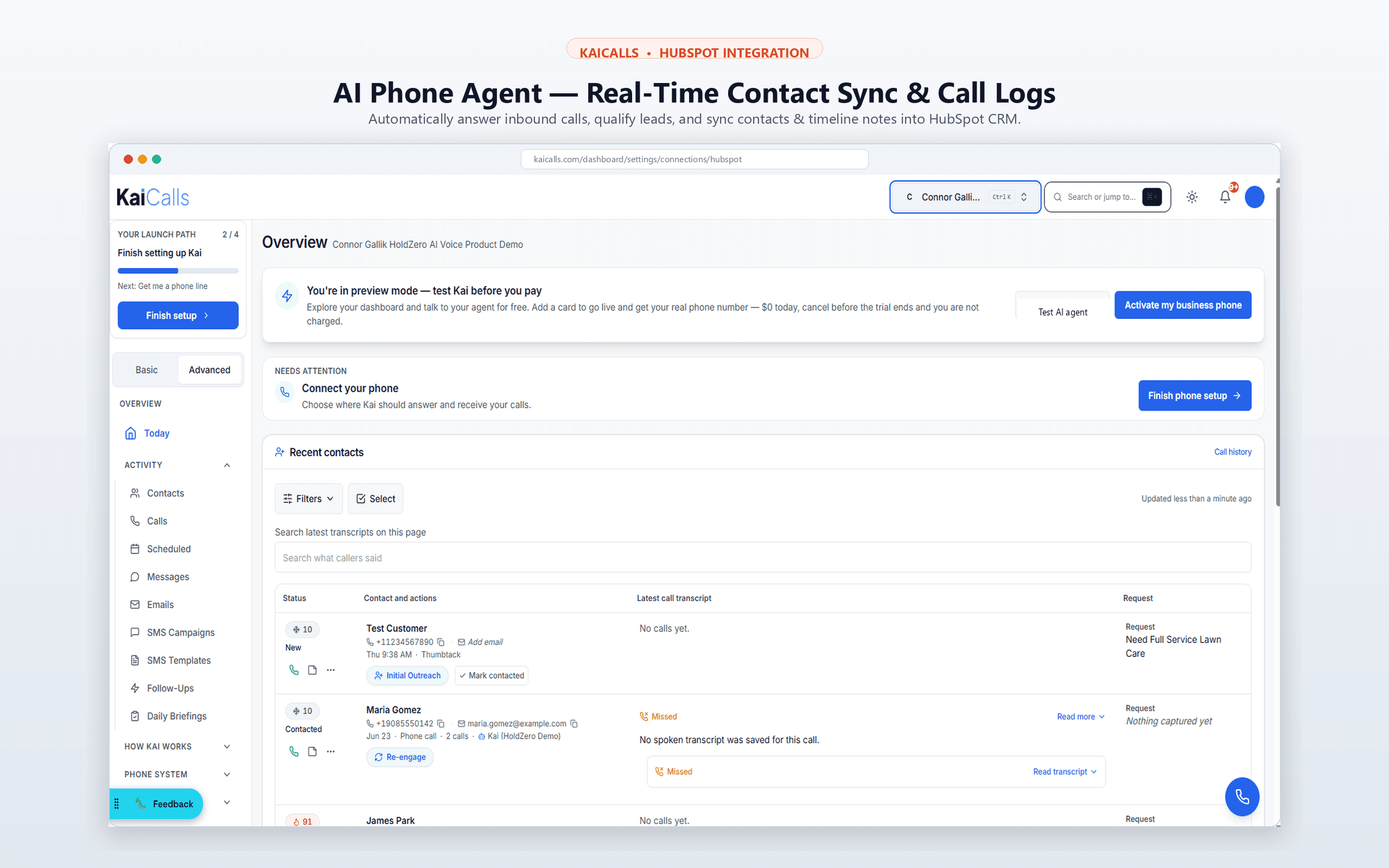 KaiCalls Unified Dashboard and HubSpot Connection Management