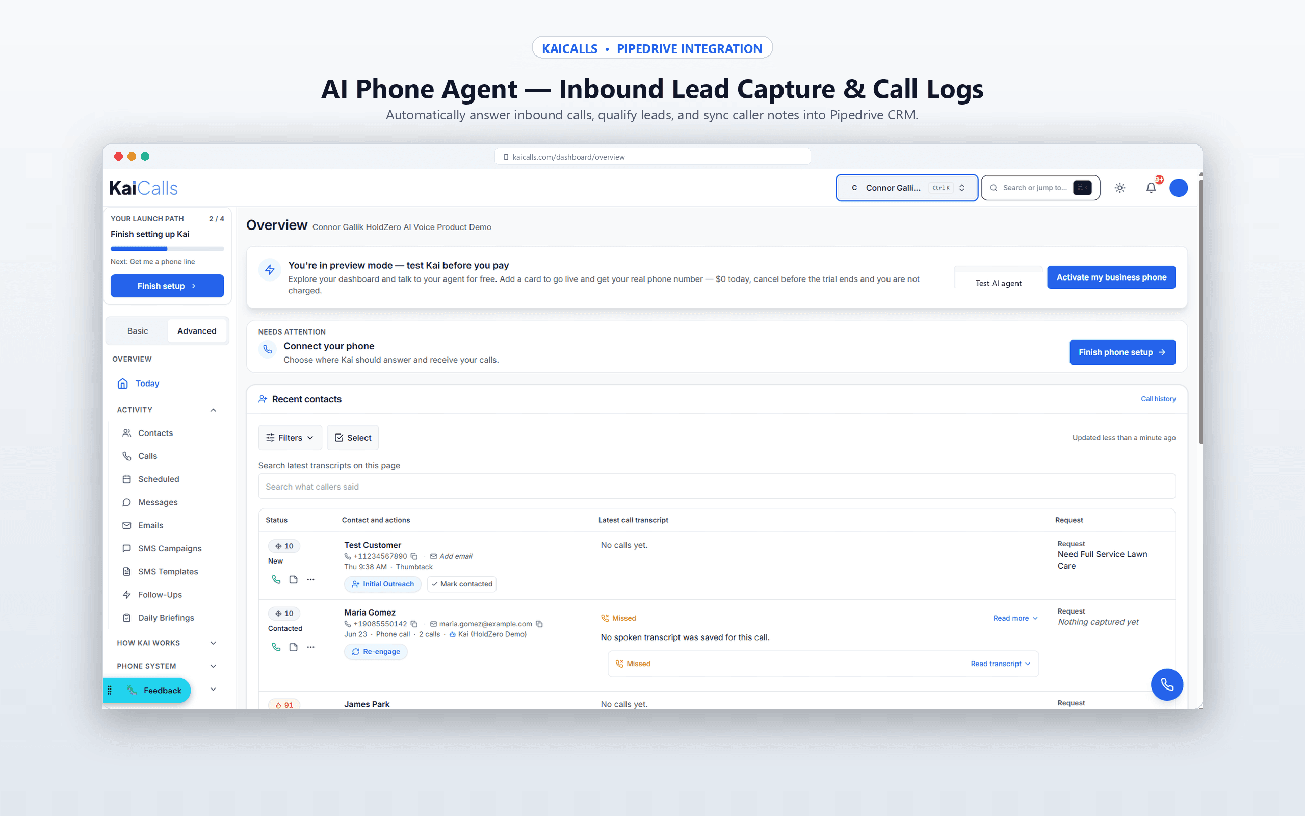 KaiCalls Inbound Call Management Dashboard