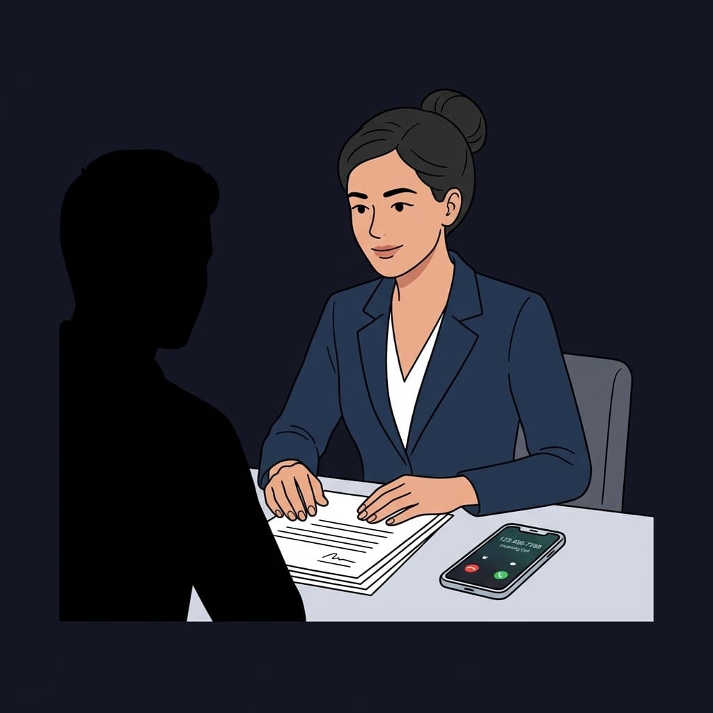 Immigration lawyer reviewing case files while Kai handles client calls