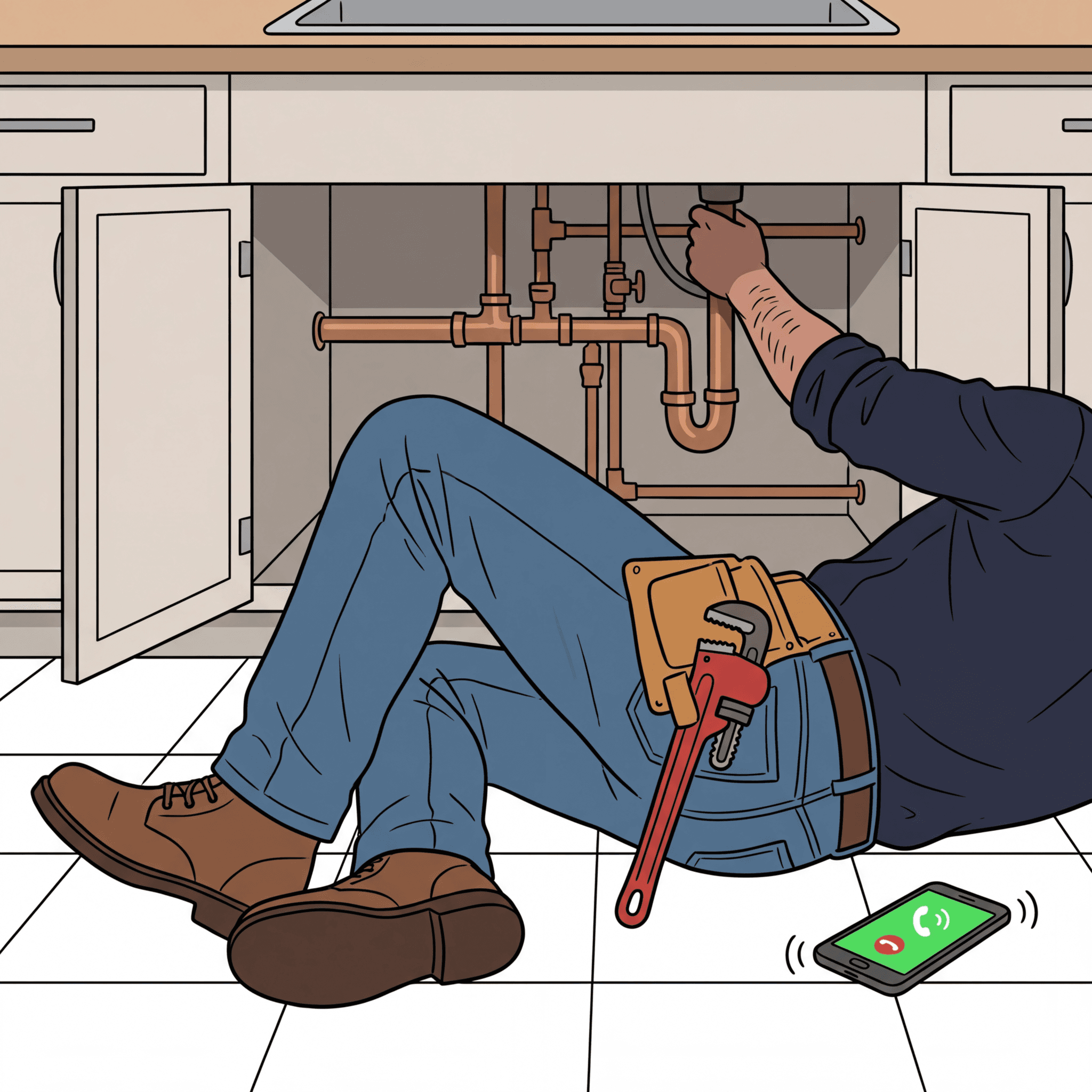 Plumber under sink with phone ringing