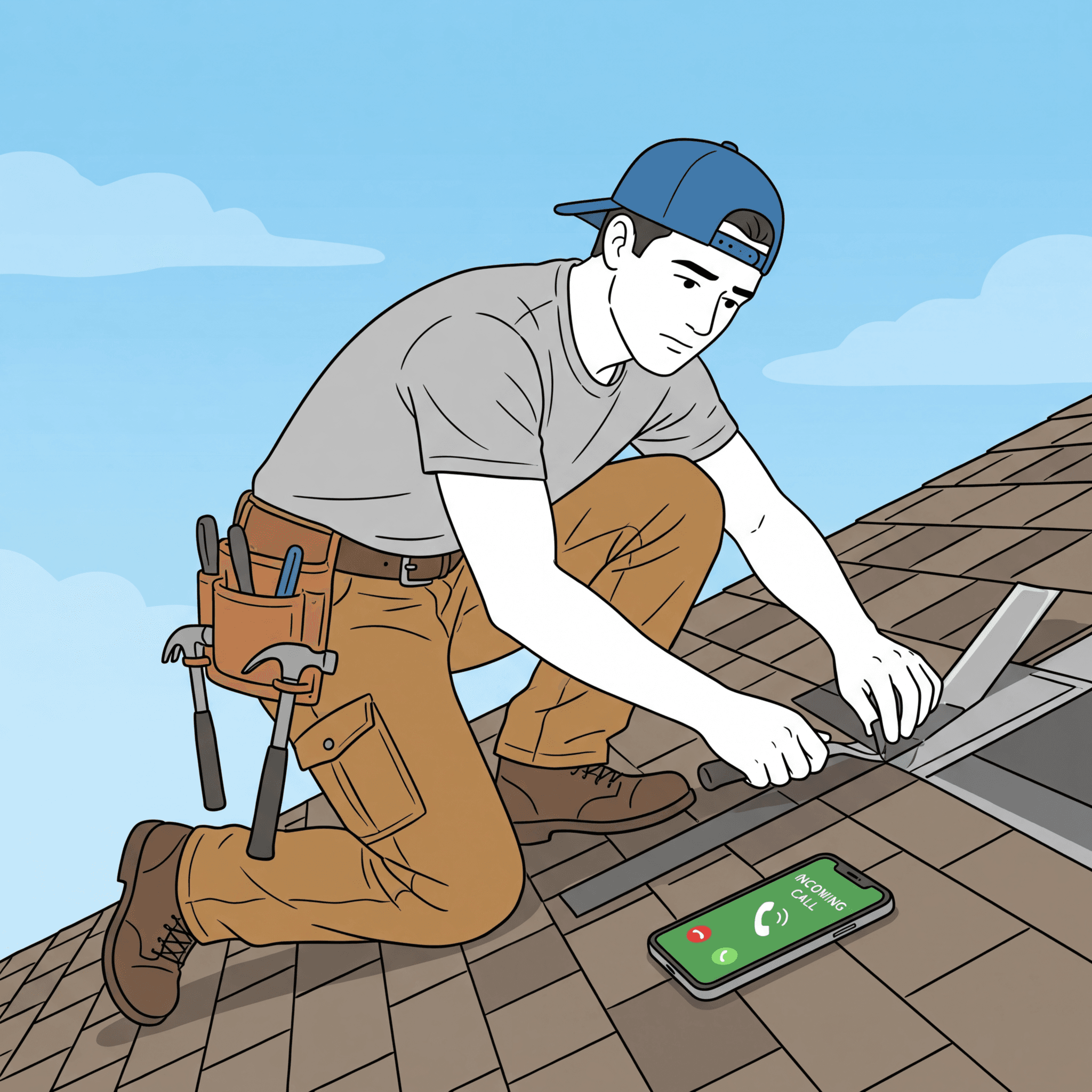 Roofer on a roof with phone ringing beside him - KaiCalls answers while you work