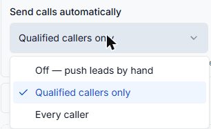 The KaiCalls Send calls automatically menu for Rentopian