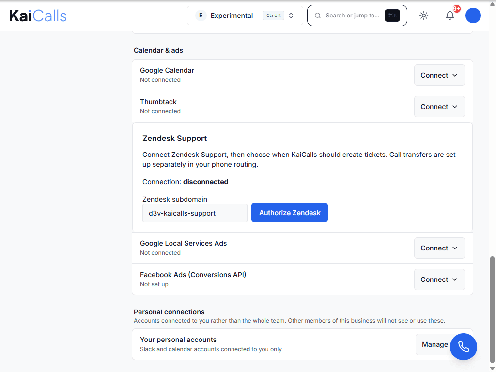 The Zendesk Support card in KaiCalls Connections, with a subdomain typed in and the Authorize Zendesk button
