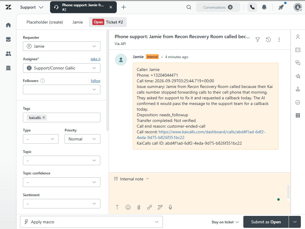 A Zendesk ticket opened by KaiCalls, with a private note listing the caller, phone, summary, call record link and call ID