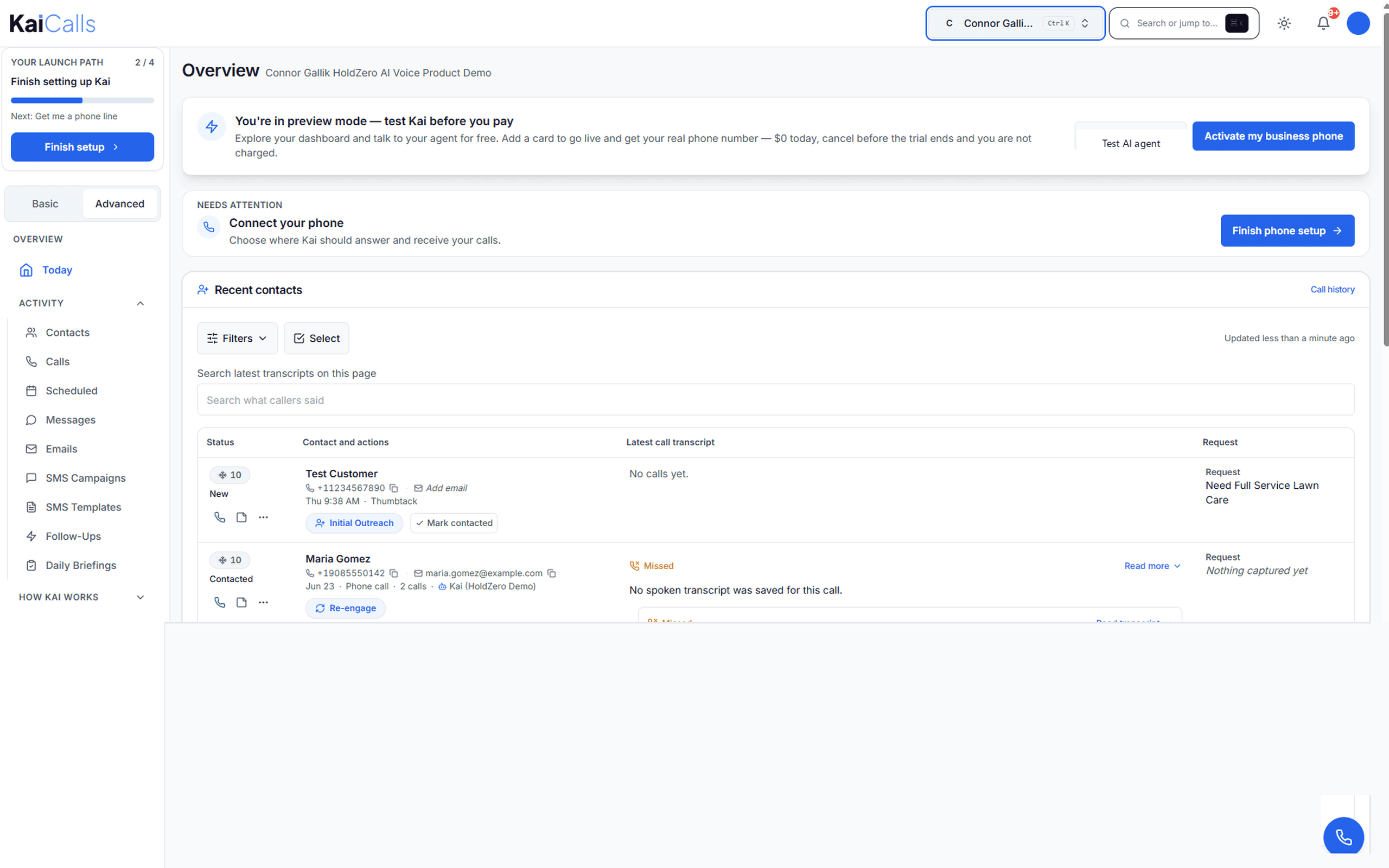 Pipedrive dashboard showing people and call notes synced from KaiCalls