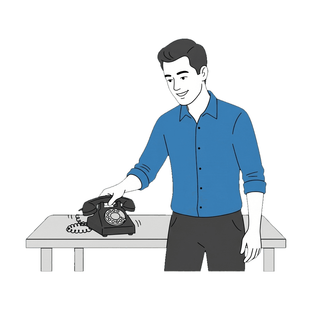 Kai mascot answering a ringing phone for an AI answering service demo