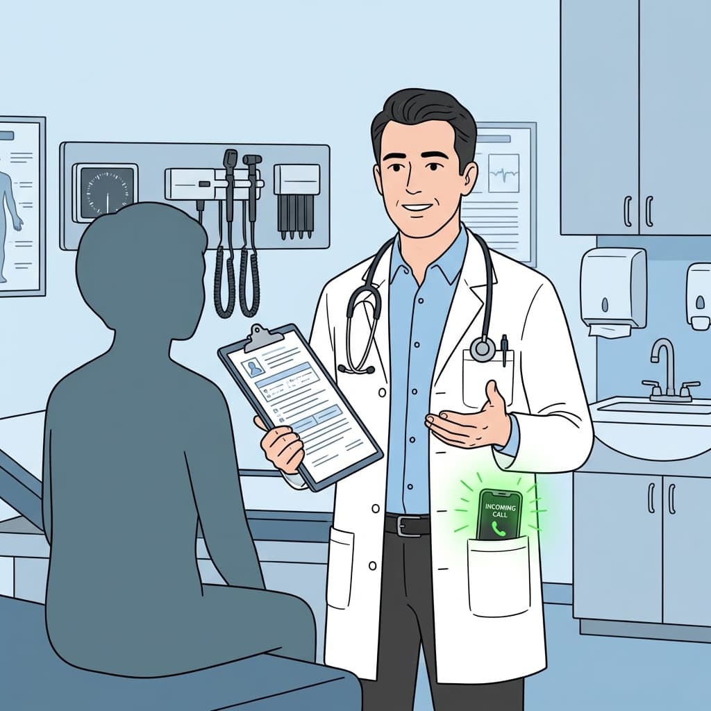 Doctor with patient while phone notification shows incoming call - KaiCalls handles it
