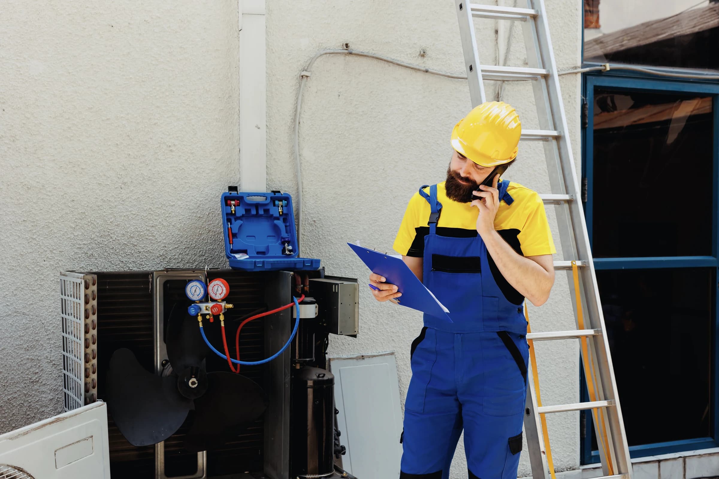 HVAC technician taking a call at a job site