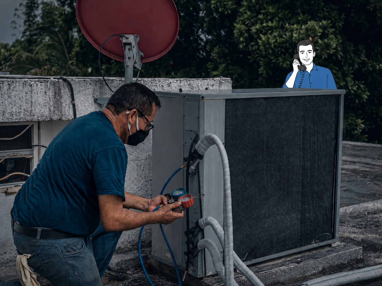 Kai subtly assisting an HVAC professional beside a rooftop condenser